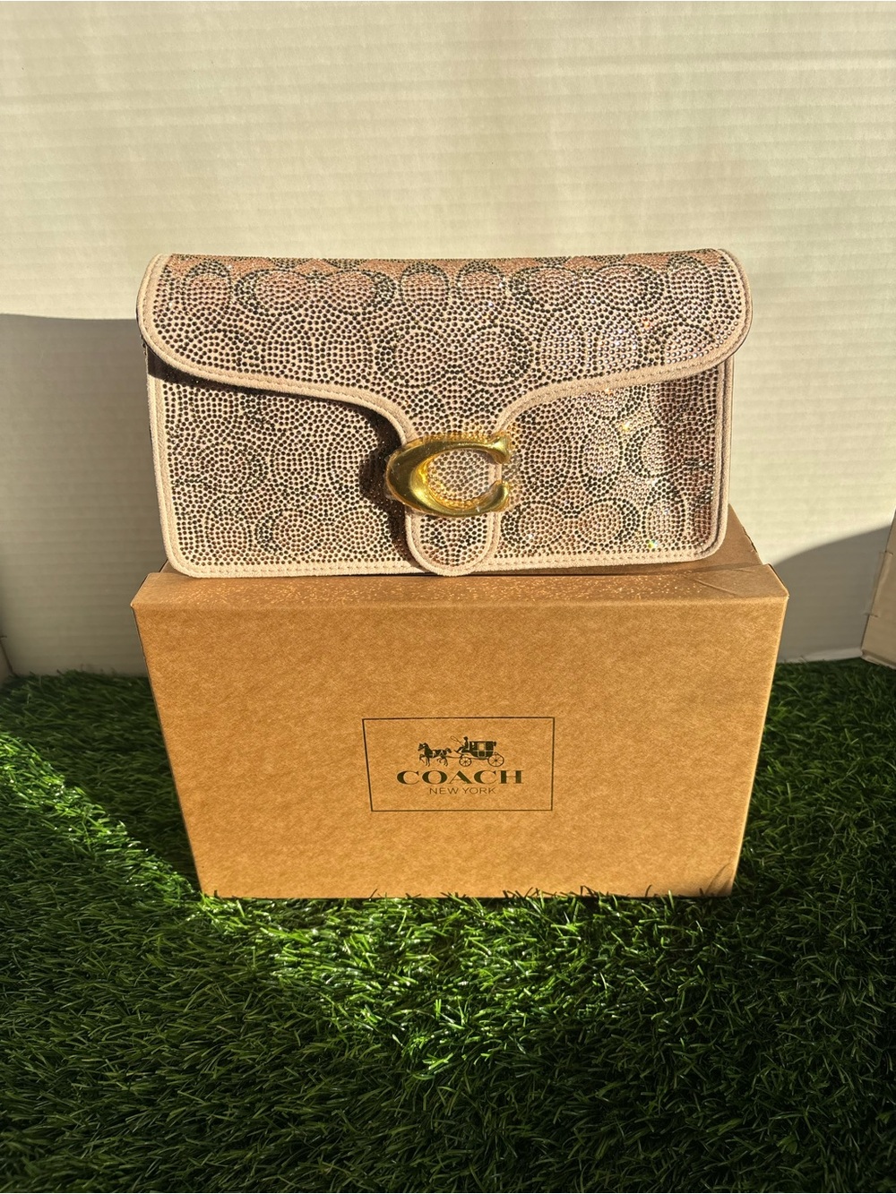 Coach Pink Beige Signature C Flap Clutch with Gold Turnlock